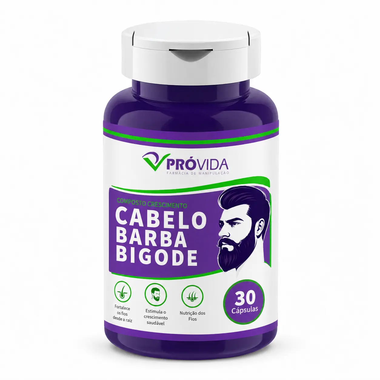 Composto para Crescer Barba, Cabelo e Bigode - 30 Cápsulas